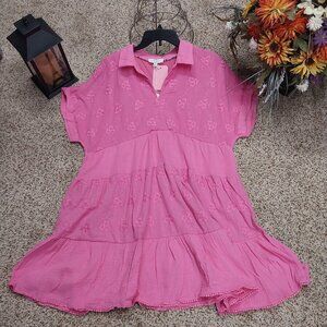 3680 Size 1XL Umgee Bubble Gum Pink Embroidered Dress, NWT.
